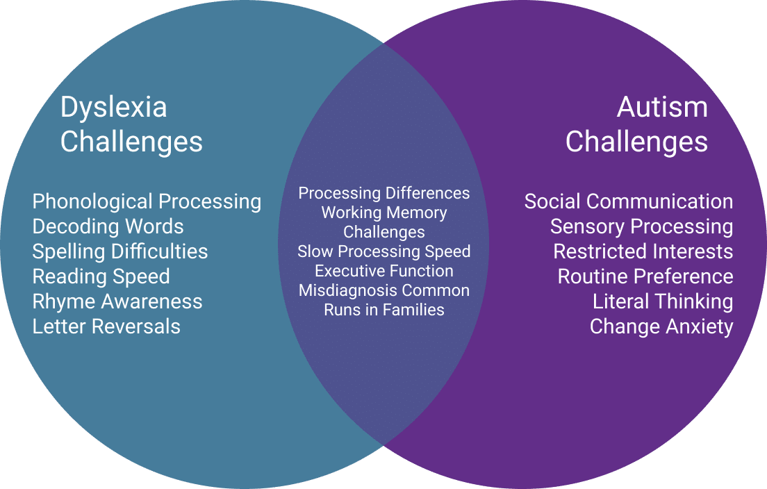 Venn diagram showing dyslexia-autism overlaps: shared working memory challenges